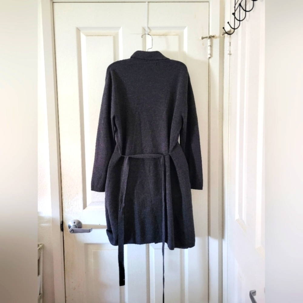 Sarah Spencer | Dark Gray Button Down Self-Tie Merino Wool Duster Cardigan - Picture 11 of 11